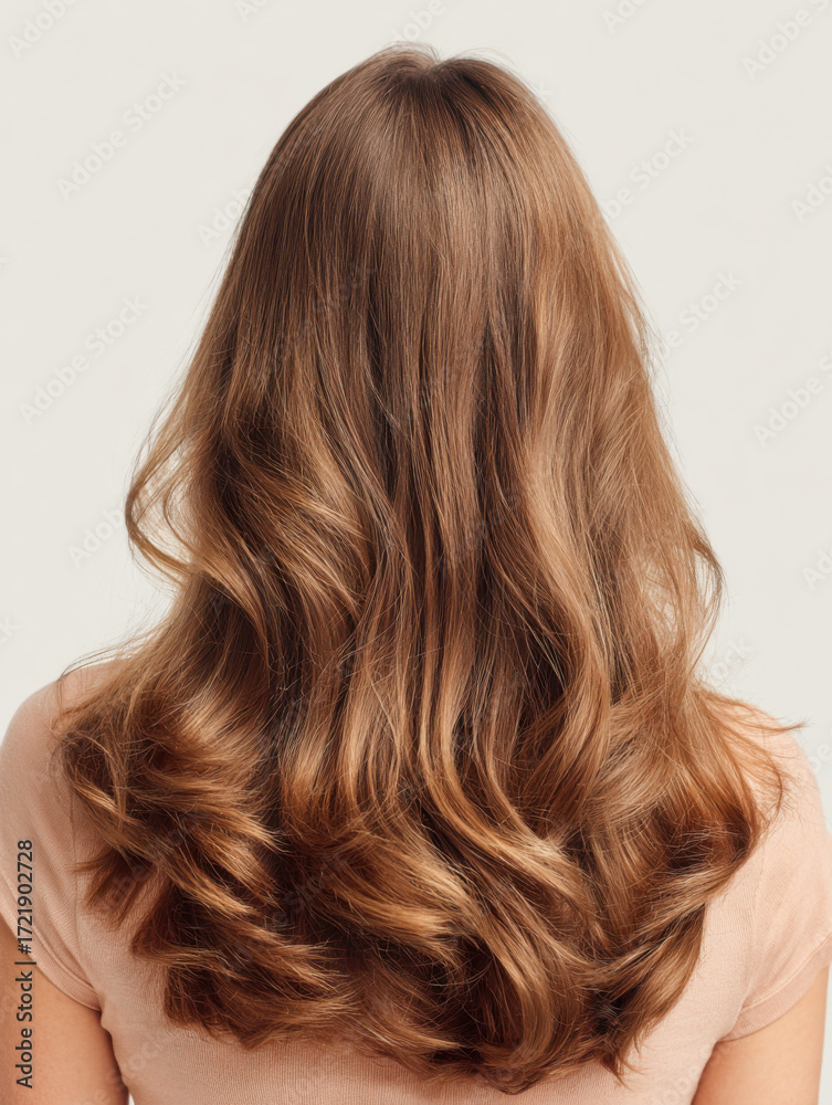 Fototapeta premium Long flowing wavy hair in soft light, showcasing a beautiful hairstyle from a rear view
