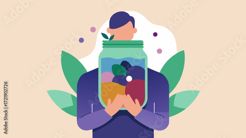 A person holding a mason jar layered with a colorful smoothie made with acai berries spinach and coconut milk. Acai berries are rich in polyphenols which protect against brain cell. Vector