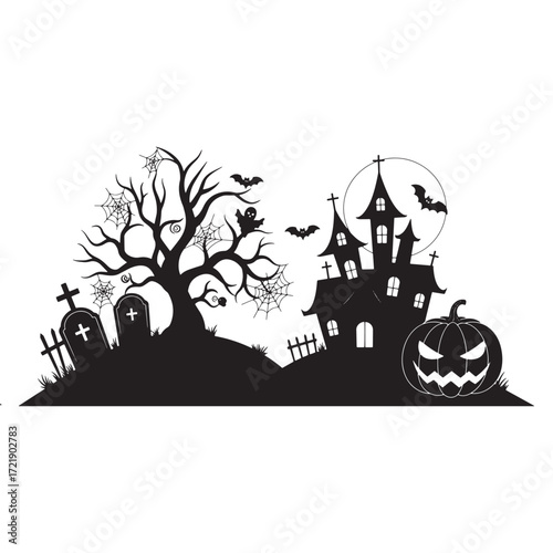 Haunted Halloween scene with castle, tree, and pumpkin