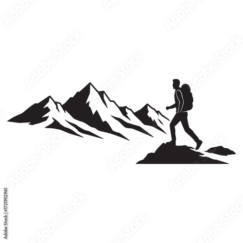 Hiker on rocky outcrop with mountain backdrop vector graphic Keywords: hiker, silhouette