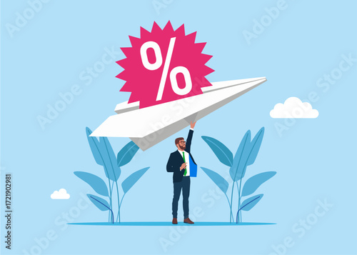 Businessman holds paper plane and price with interest rate for online shopping . Interest rate locked in banking.  Sale with excellent offer shopping. Flat vector illustration