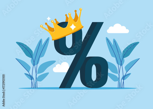 Percent symbol with crown. Search for investment profit. Percent currency king concept. Proud attitude. Vector flat illustration