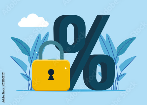 Profit locked. Search for investment profit or banking loan payment concept. Padlock with percentage sign. Interest rate locked in banking. Flat vector illustration