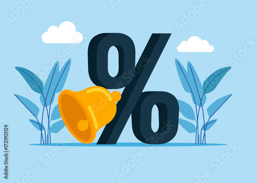 Total Sale Concept. Percent symbol with golden bell. Discount, promo action, sale. Vector flat illustration