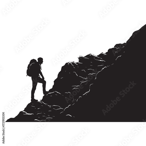 Hiker Silhouette Resting on Rocky Mountain Slope vector