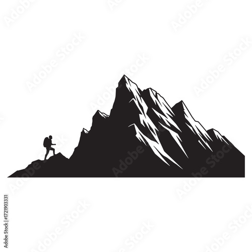 Hiker Silhouette on Mountain Ridge climbing