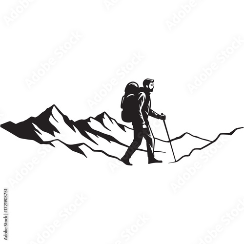 Hiker with pole and backpack on mountain trail silhouette