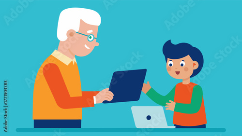 A child showing an elderly person how to use a modern technology device bridging the generational gap and promoting cognitive flexibility.. Vector illustration