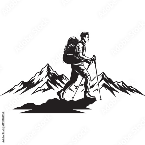 Hiker with poles and backpack on mountain summit silhouette