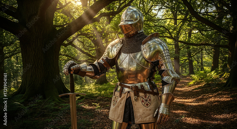Obraz premium Knight in shining armor standing in a mystical forest.