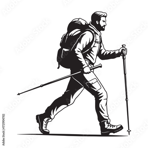 Silhouette of a bearded hiker with trekking poles and backpack Keywords: hiker, silhouette