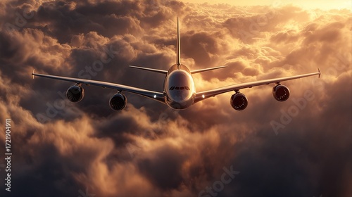a commercial airplane soars directly towards the viewer against a dramatic, swirling backdrop of golden and dark clouds.