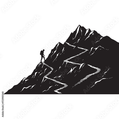 Silhouette of hiker ascending a winding mountain path