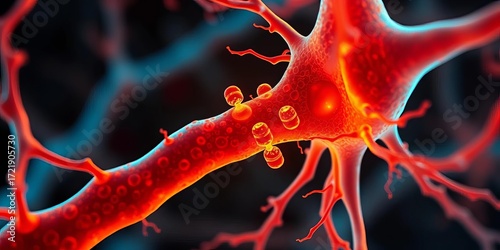 Microscopic view of synapse neurotransmission, highlighting pre-synaptic neuron vesicles releasing neurotransmitters into synaptic cleft, synapse,  neurotransmitter