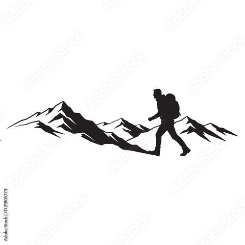 Silhouette of hiker moving across mountain panorama