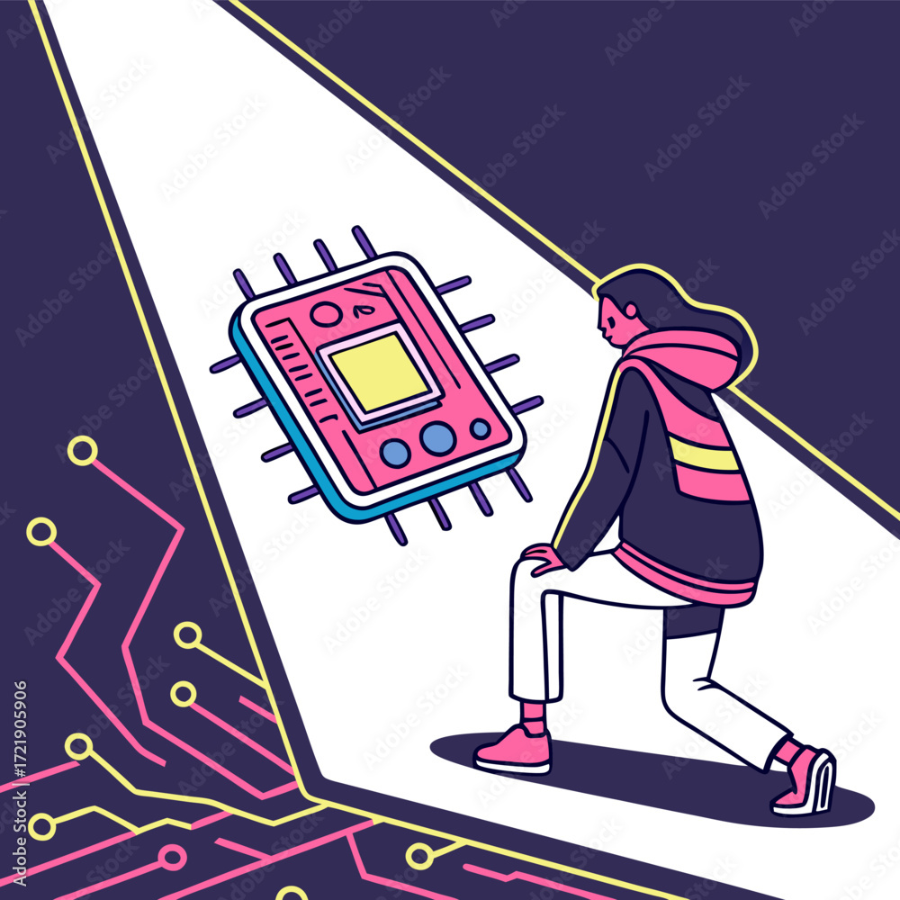 Obraz premium Girl sitting with suitcase and book illustration