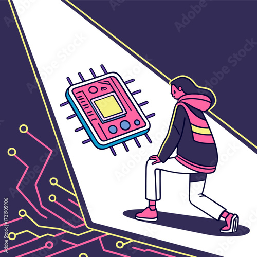 Girl sitting with suitcase and book illustration