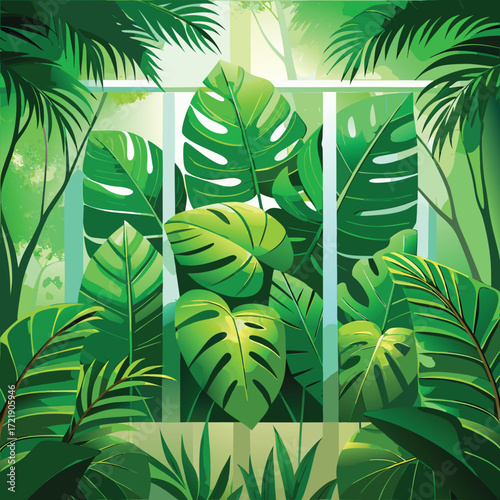 Lush green tropical leaves vibrant jungle plants nature scene lush