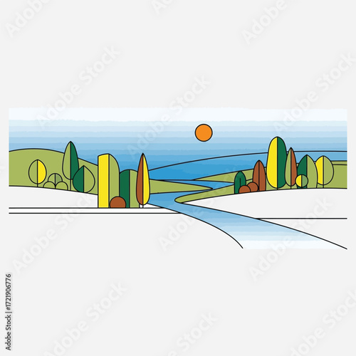 Abstract Landscape Illustration with River and Trees