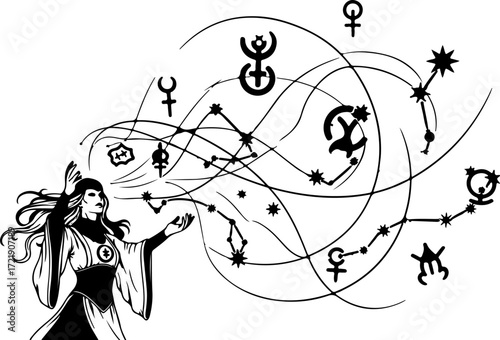 Magician with celestial symbols isolated on white