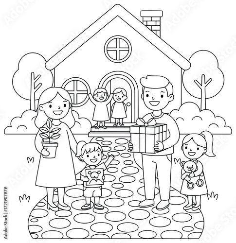 Festival family illustration of parents and children visiting another home with gifts plants and smiles in a joyful celebration of togetherness and tradition