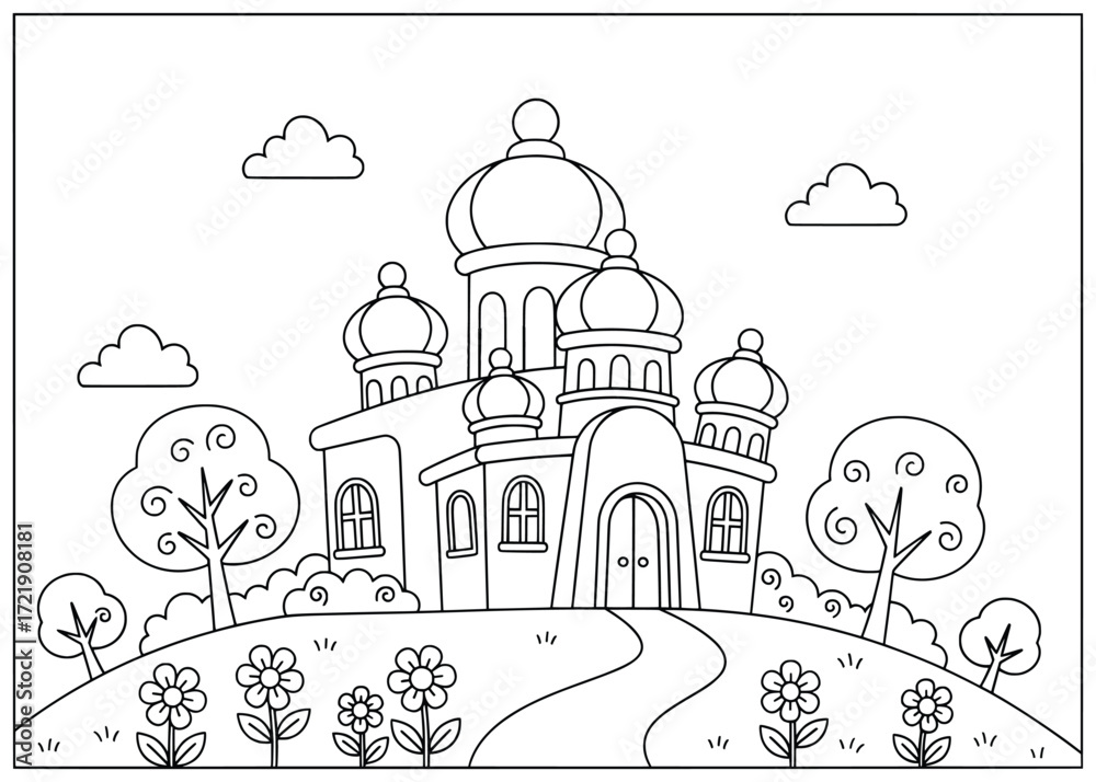 Fototapeta premium Mosque illustration of an Islamic architectural building with domes surrounded by trees flowers and clouds on a hill in a peaceful cultural landscape