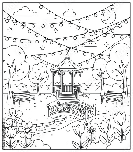 Festival lights illustration of a decorated park gazebo with string lights benches flowers trees small bridge and moonlit night sky atmosphere