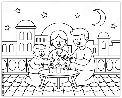 Festival candles illustration of a family lighting candles on a rooftop under the moon and stars with city buildings in a joyful celebration atmosphere