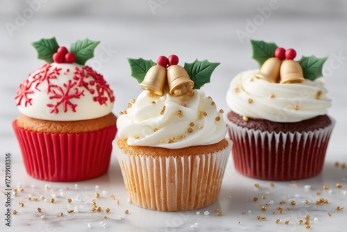 Festive cupcakes decorated for christmas holiday