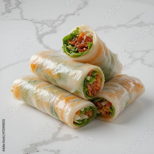 Fresh vegetable spring rolls isolated on a white background, showcasing crisp rice paper filled with vibrant.