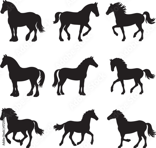 horse silhouette set. horse different poses isolated farm animal silhouette icon vector collection