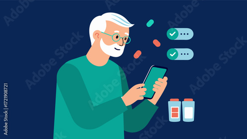 A man in his 70s using a medication reminder app on his smartphone to help him keep track of his daily pills and doses ensuring he stays on top of his health.. Vector illustration