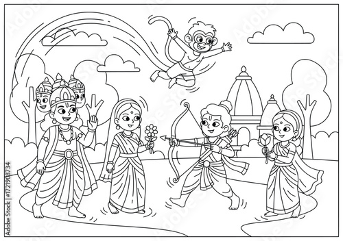 Ramayana illustration of Lord Rama, Sita, Hanuman, Ravana, and companions in a traditional mythological scene celebrating Indian culture and epic storytelling
