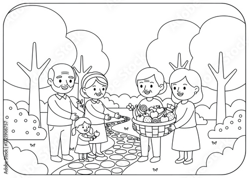 Family picnic illustration of grandparents, parents, and children enjoying fruits and snacks together outdoors in a park with trees and pathways