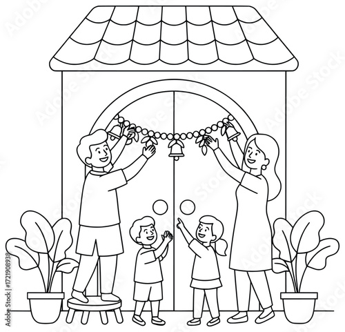 Festival home decoration illustration of happy family and children decorating house entrance with garlands and bells during traditional celebration together