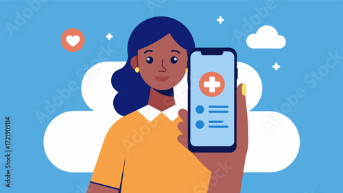 A person holding a smartphone with a virtual caregiver support app open with a caption that reads Help at your fingertips the virtual caregiver support app.. Vector illustration