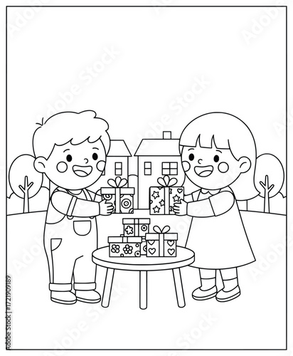 Diwali gift illustration with happy children exchanging presents at a festive outdoor setting surrounded by decorated boxes and cheerful celebration mood