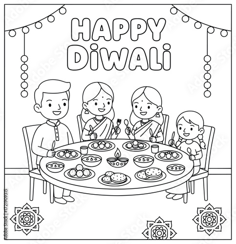 Diwali family dinner celebration with parents and children enjoying festive food sweets and traditional dishes together in a joyful holiday cultural scene