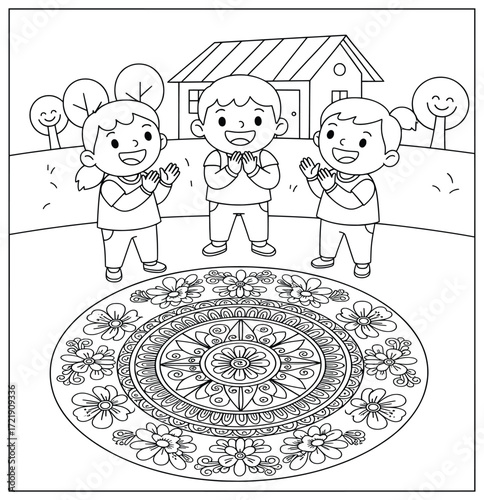 Rangoli art with children standing outdoors clapping and admiring a large circular floral design decorated with intricate traditional festive patterns in front of a house