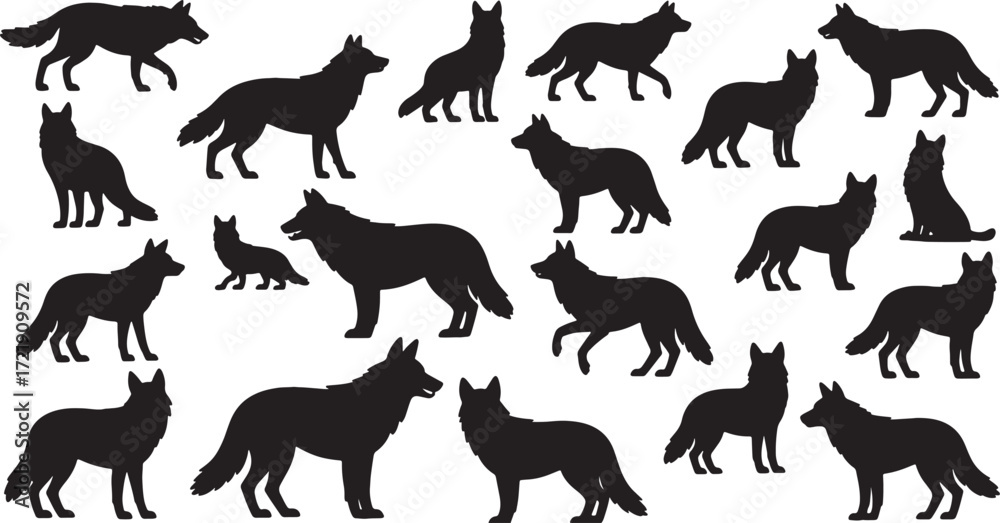 Fototapeta premium Set of wolf silhouettes including howling and standing wolves, editable EPS vector.