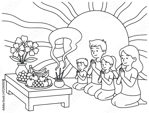 Family prayer offering fruits flowers and incense at sunrise with children and parents kneeling together in devotion showing a peaceful spiritual moment outdoors