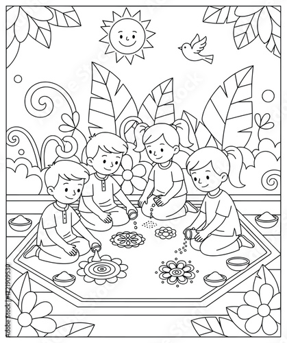 Rangoli design created by children sitting together outdoors with flowers and colored powders surrounded by plants sunshine and a bird in festive celebration