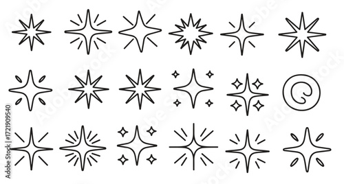 eighteen hand drawn black line art star sparkle shine vector
