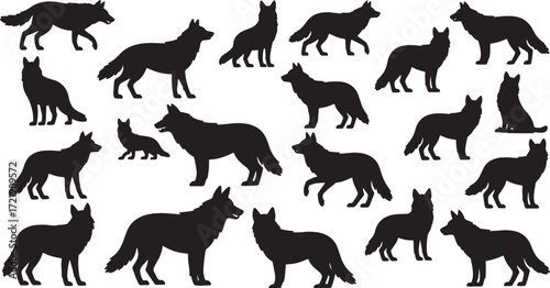 Set of wolf silhouettes including howling and standing wolves, editable EPS vector.