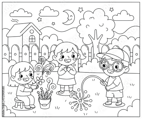 Firecrackers celebration with children happily playing with sparklers and fireworks in the backyard at night under moonlight and starry sky