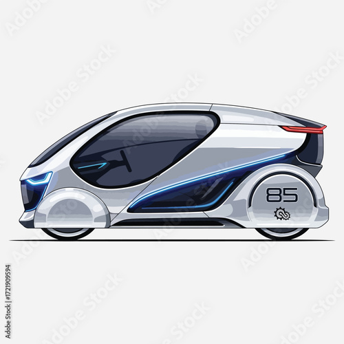 Futuristic Silver Vehicle Design with Blue Accents and Sleek Rounded Body for Innovative Transport