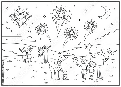 Fireworks celebration with families watching colorful fireworks in the night sky while children hold sparklers and a man lights a firecracker on the ground