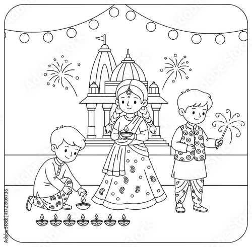 Temple festival scene with children celebrating by lighting oil lamps, holding sparklers, and standing in front of a beautifully decorated temple with fireworks