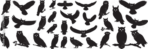 Vector collection of owl silhouettes, nocturnal bird icons in editable EPS format.