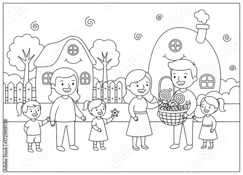 Family celebration with parents and children happily sharing a large basket of sweets and candies together in front of their cozy houses outdoors